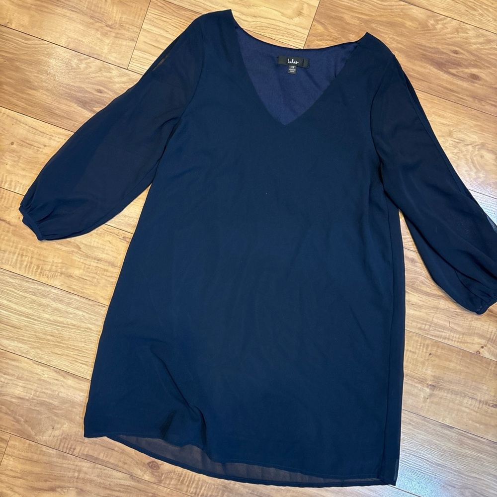 Lulus Elegant Navy Blue Sheer Long Blouse 3/4 sleeve